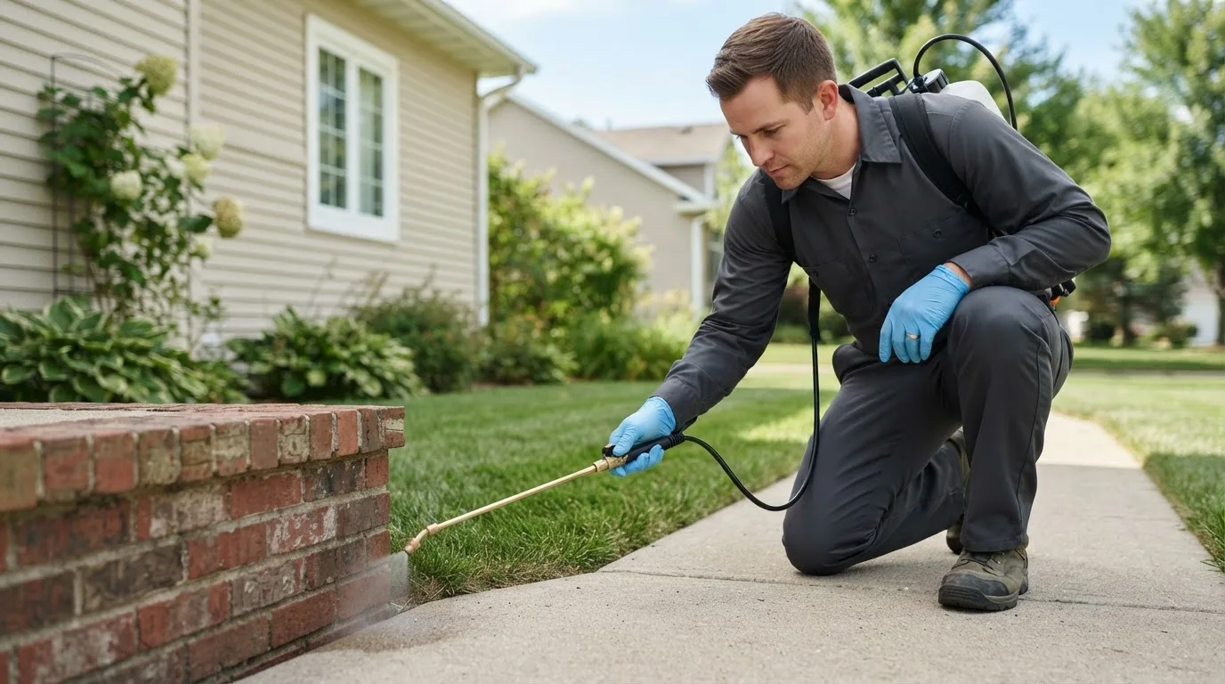 Pest control technician treating a home near Rembrandt, IA