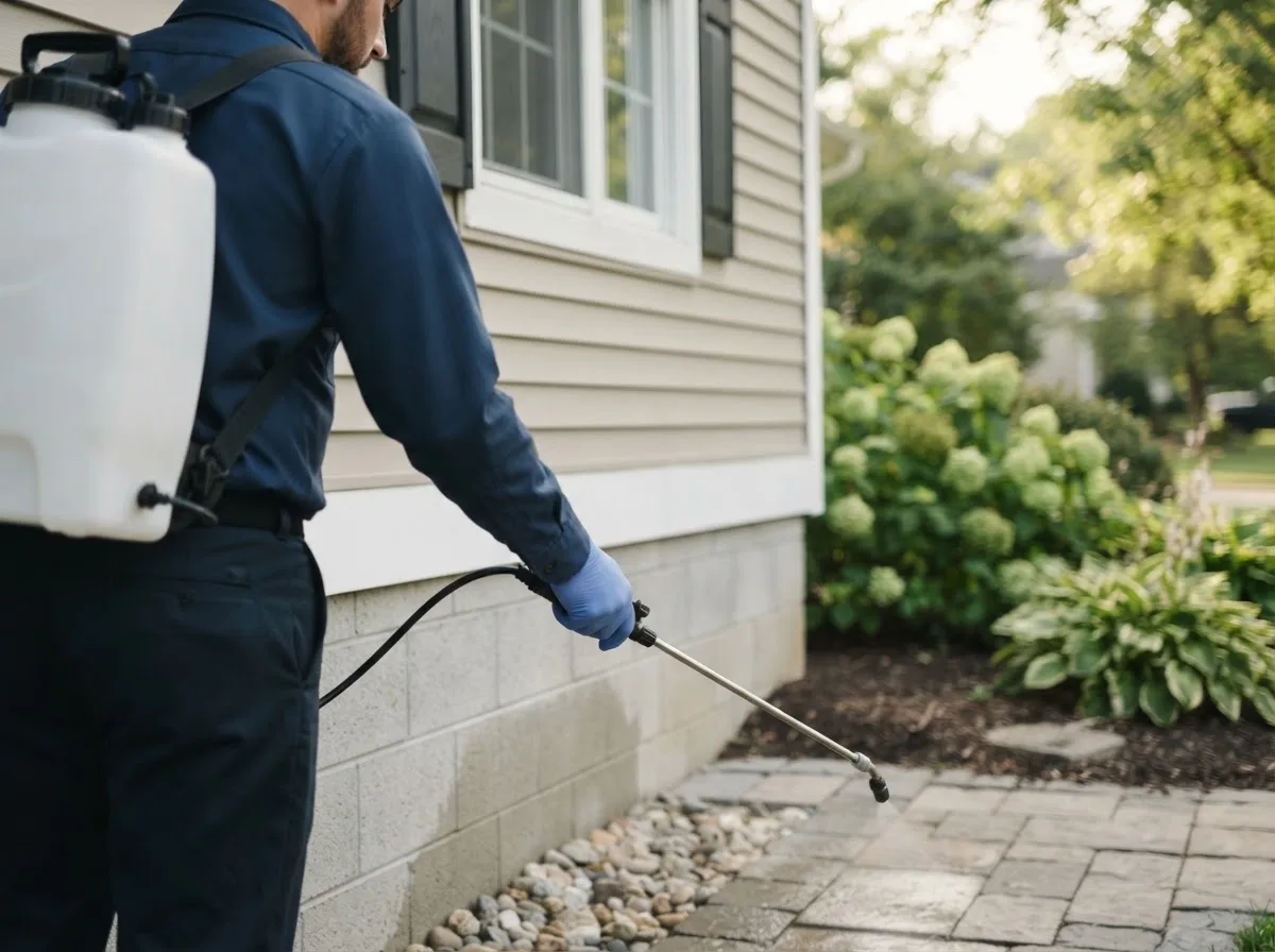 Pest control technician inspecting a home in Rembrandt, IA